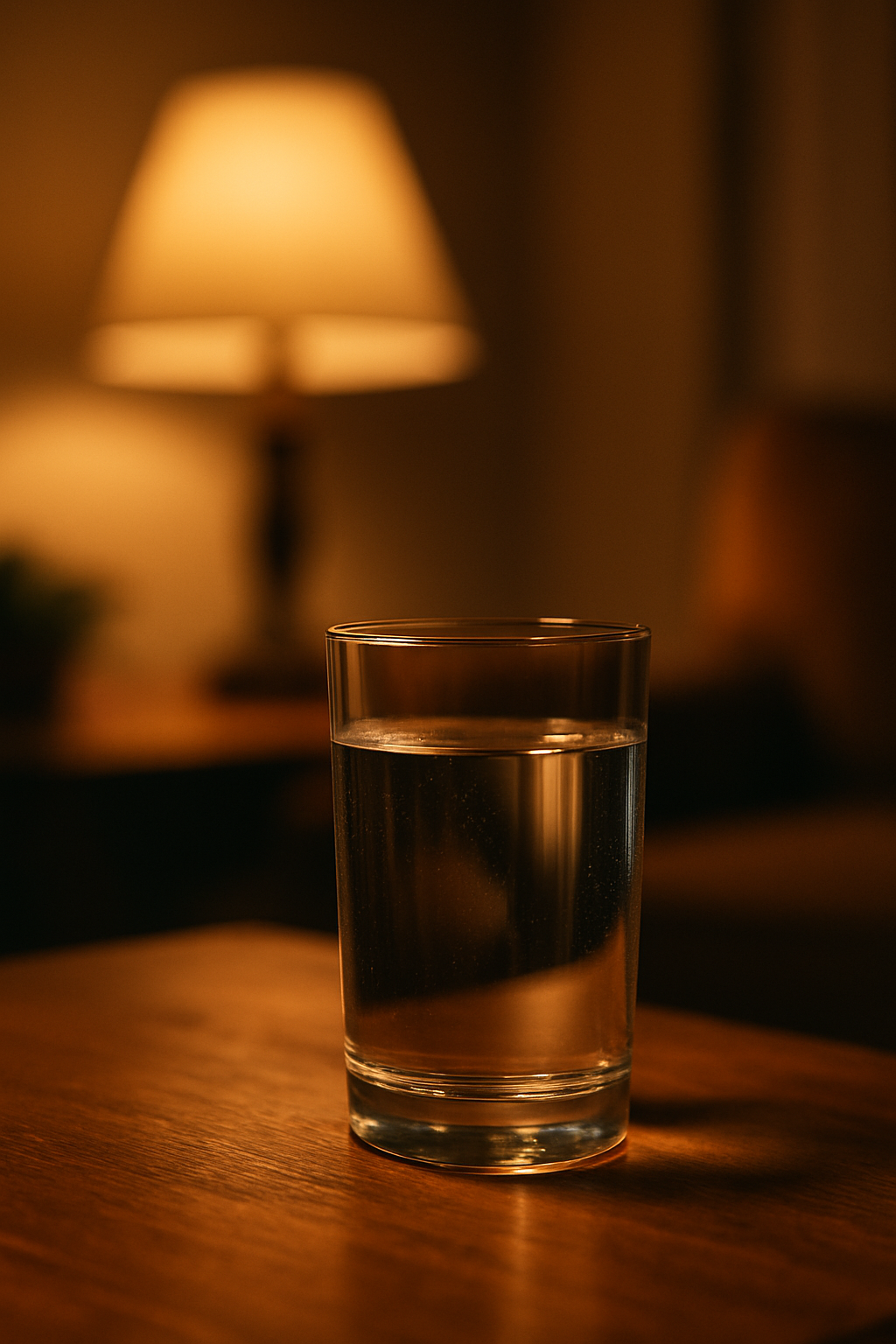 Cozy evening scene with water glass and warm light